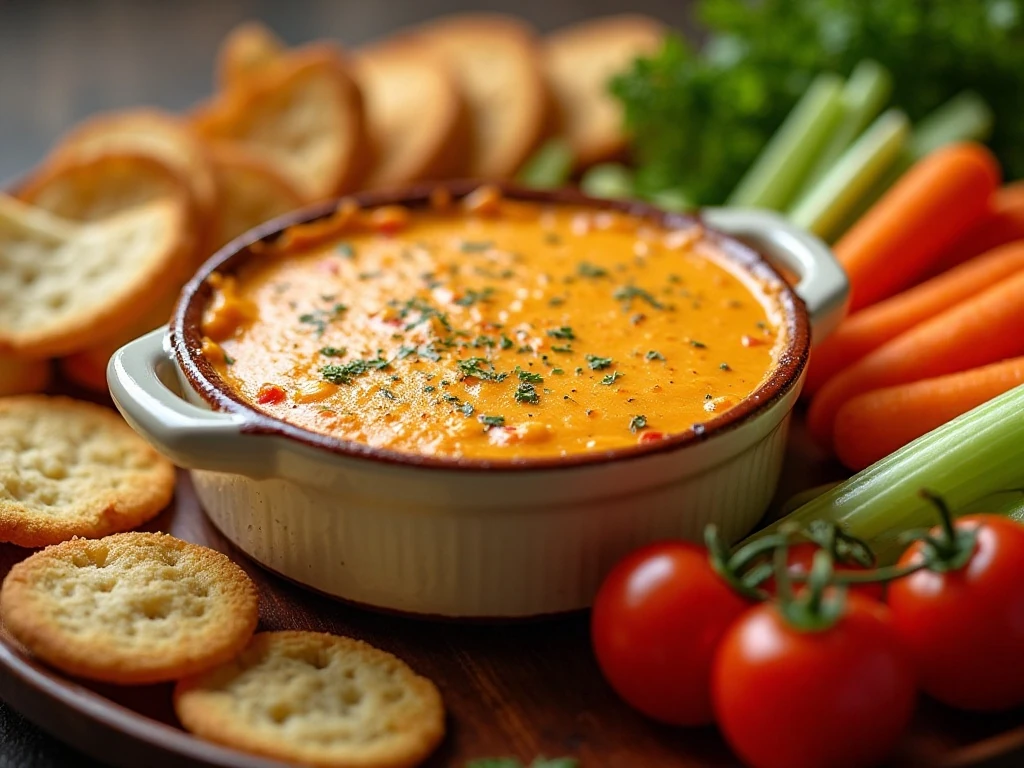 Hot pimento cheese dip served with crackers, chips, bread, and vegetables