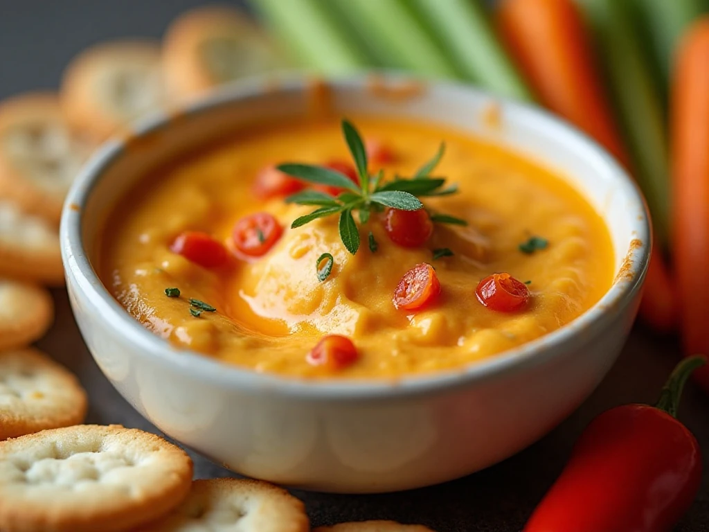 Reheated hot pimento cheese dip ready to serve