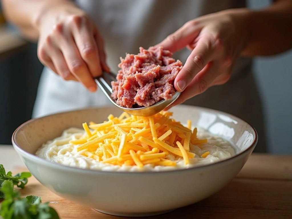 Mixing corned beef, sauerkraut, and cheese into Reuben dip