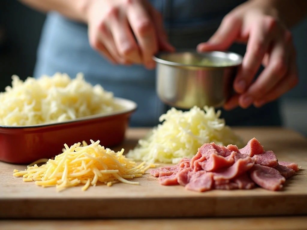 Prepared sauerkraut, corned beef, and Swiss cheese for Reuben dip