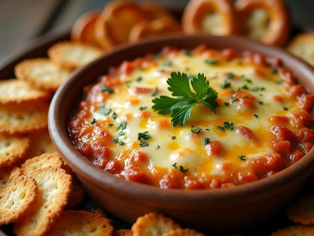 Garnished hot Reuben dip with rye bread, crackers, and pretzels