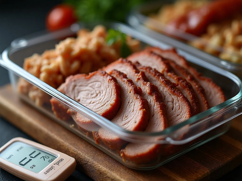 Stored BBQ in an airtight container with a date label and refrigerator thermometer