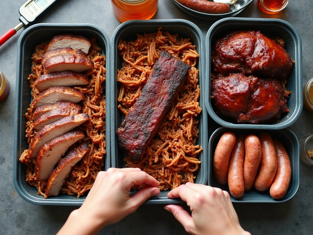 Shallow airtight containers and tools for storing leftover barbecue
