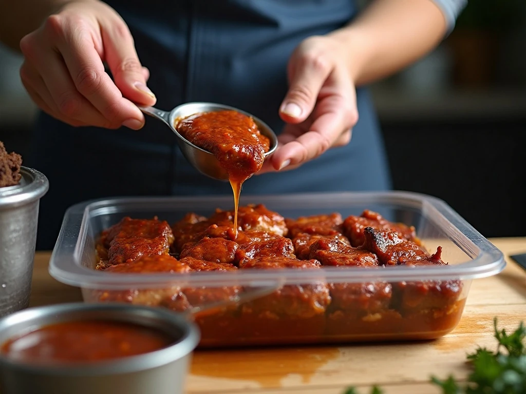 Portioning cooked BBQ into shallow containers for refrigerator storage