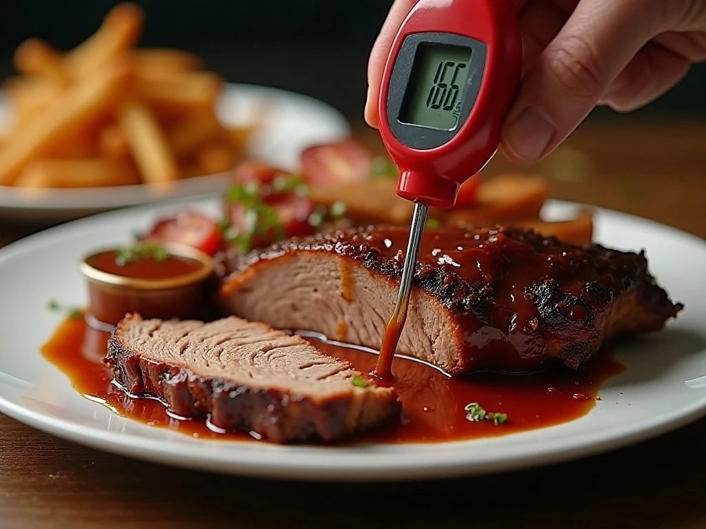 Reheated BBQ checked with a food thermometer before serving