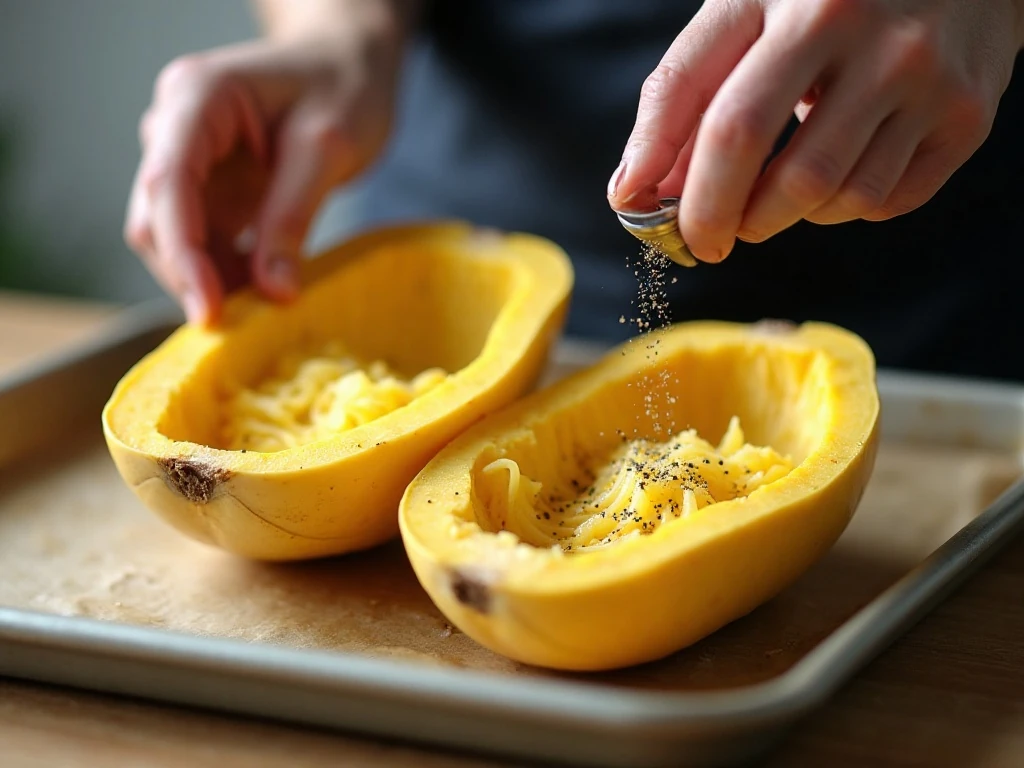 Seasoning halved spaghetti squash before roasting