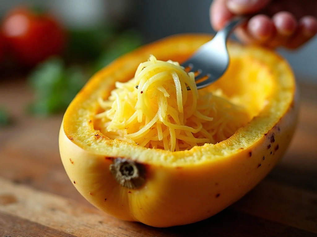 Gently scraping baked spaghetti squash into long strands