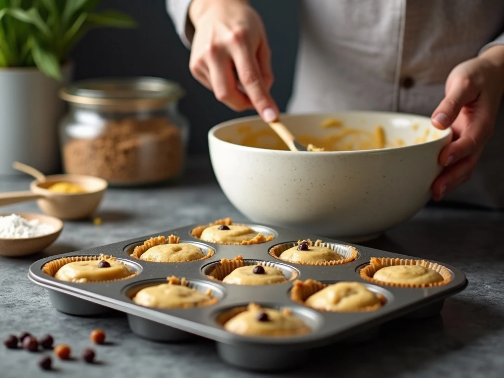 Gently mixing whole wheat muffin batter