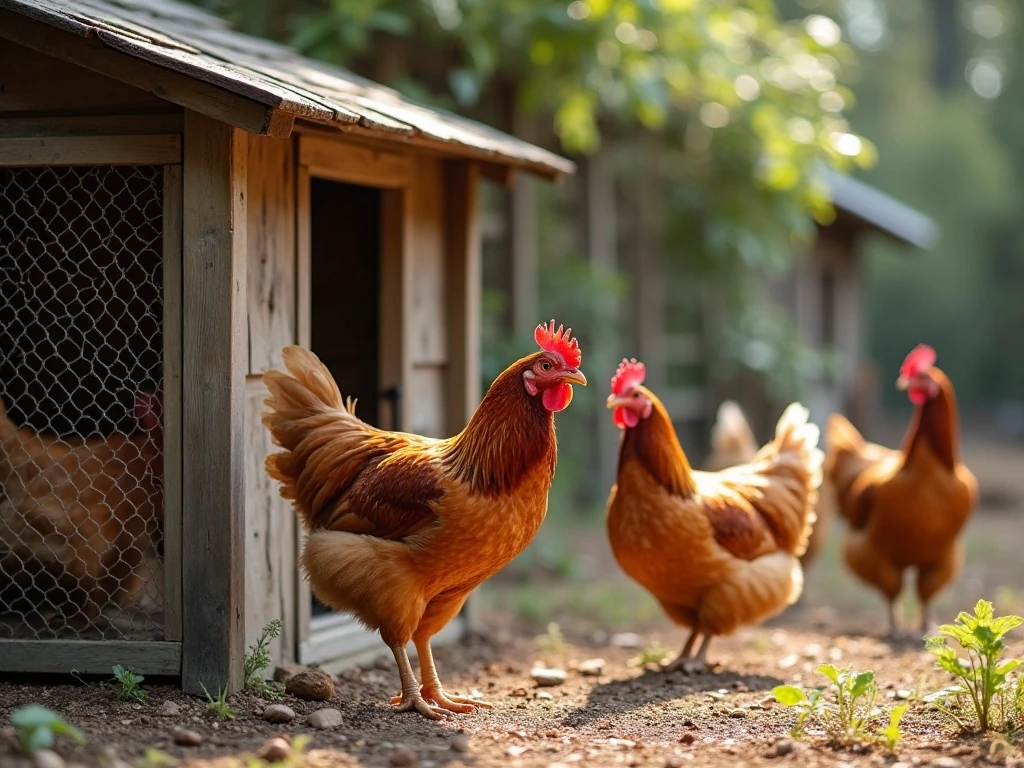 Secure covered chicken run with hens beside a backyard coop