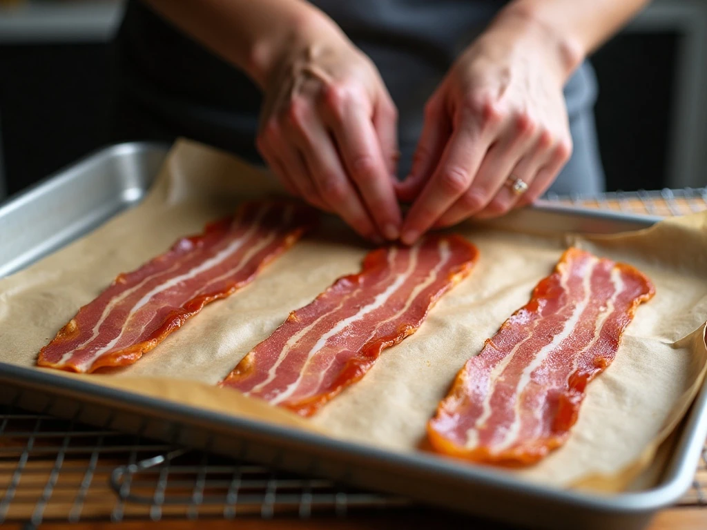 Bacon arranged in a single layer on a baking sheet
