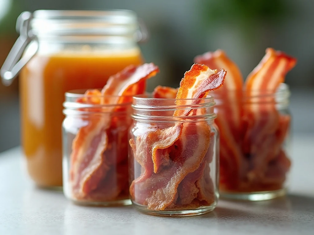 Stored cooked bacon and strained bacon fat