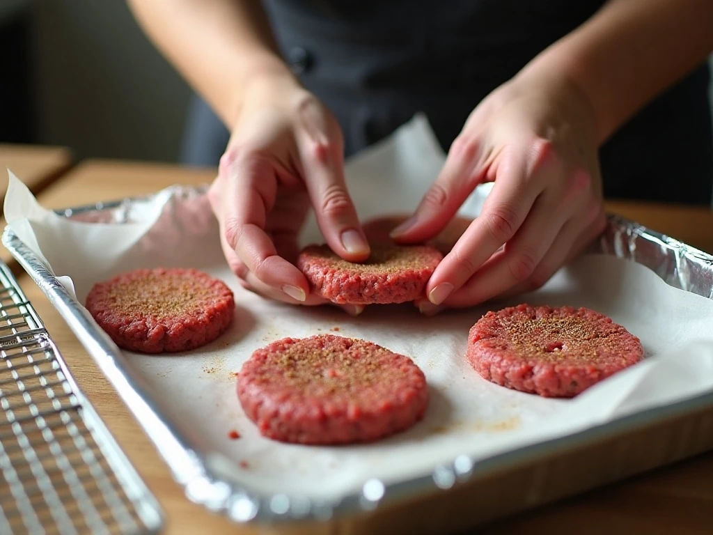Shaping seasoned burger patties before baking them in the oven