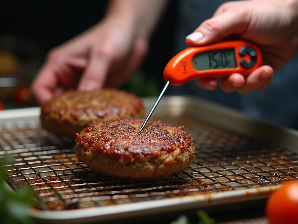 Checking the internal temperature of an oven-baked burger