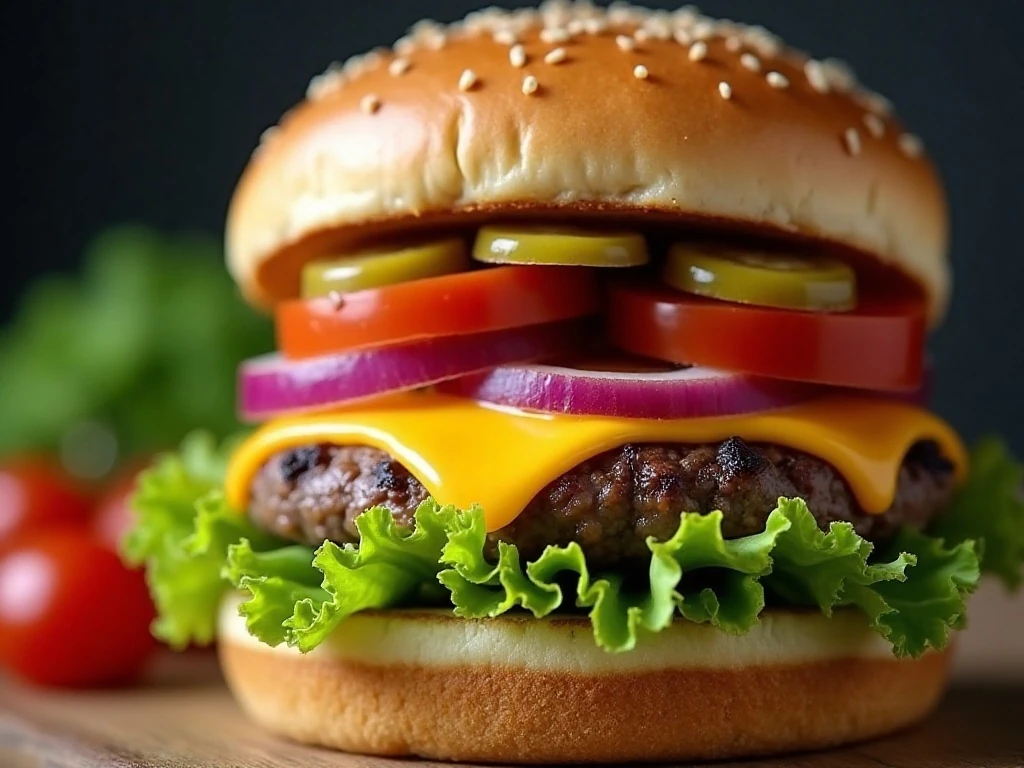 Cheeseburger topped with lettuce tomato onion pickles and sauce