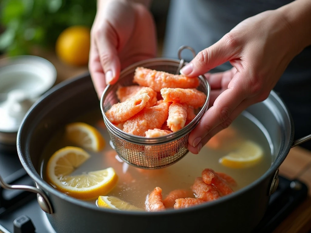 Frozen crab legs arranged in a steamer basket