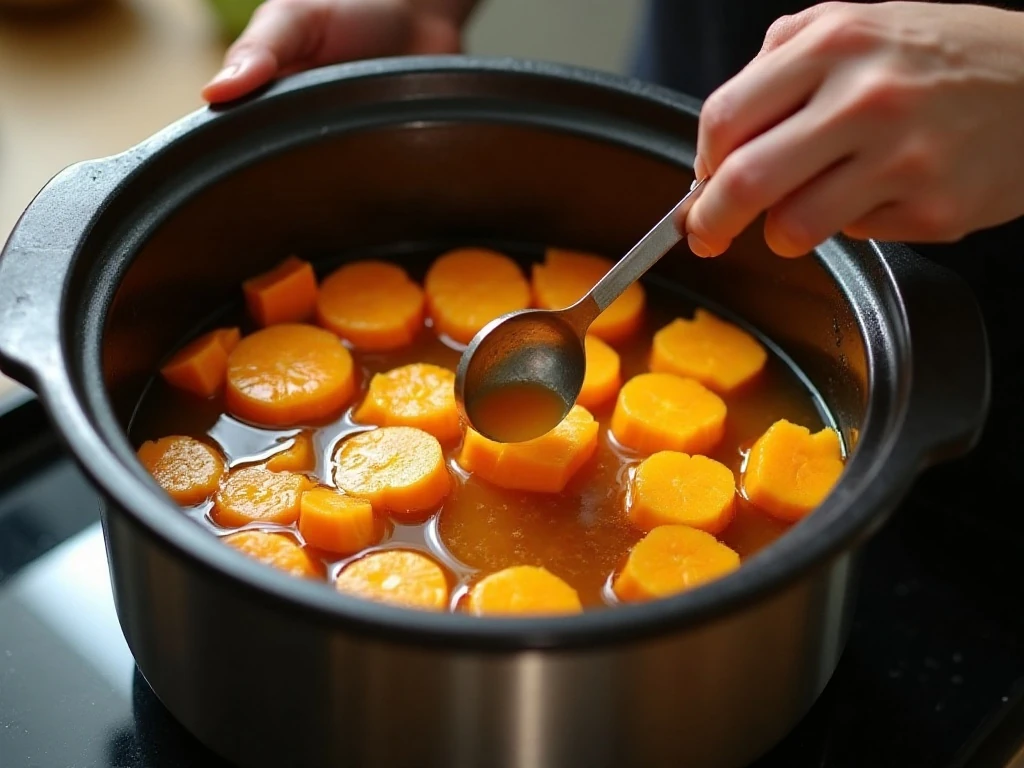 Pumpkin pieces arranged cut-side down in a slow cooker