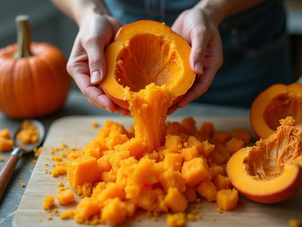 Cooked pumpkin flesh ready to process into puree