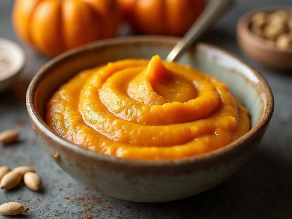 Close-up of creamy pumpkin puree ready for recipes