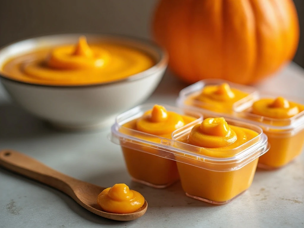 Portioned homemade pumpkin puree ready for storage