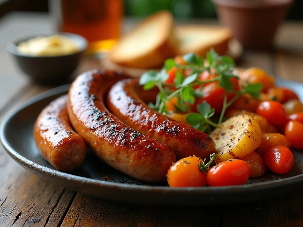 Juicy oven-baked sausage links served with roasted vegetables and bread
