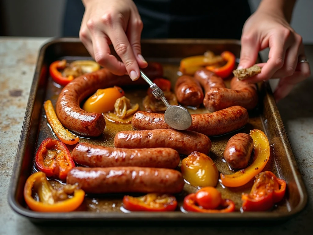 Sausage roasting with peppers and onions on a sheet pan
