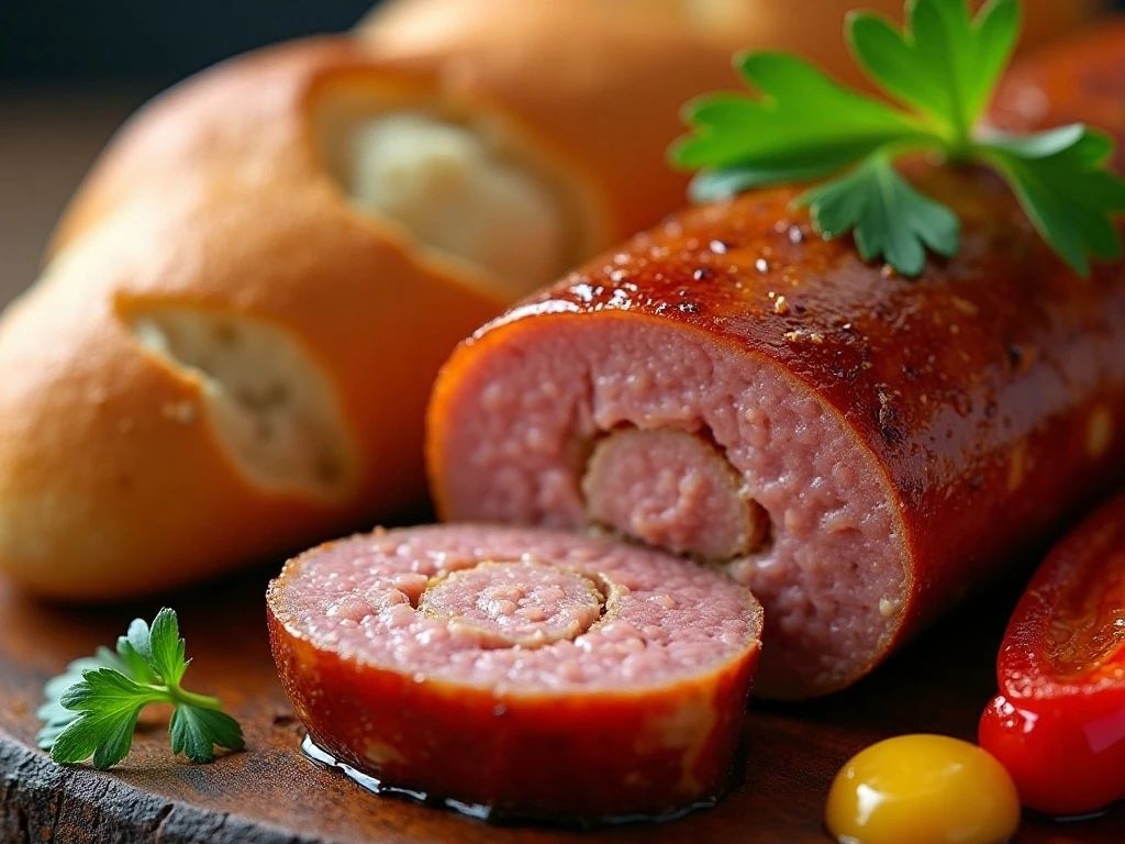 Sliced juicy baked sausage ready to serve