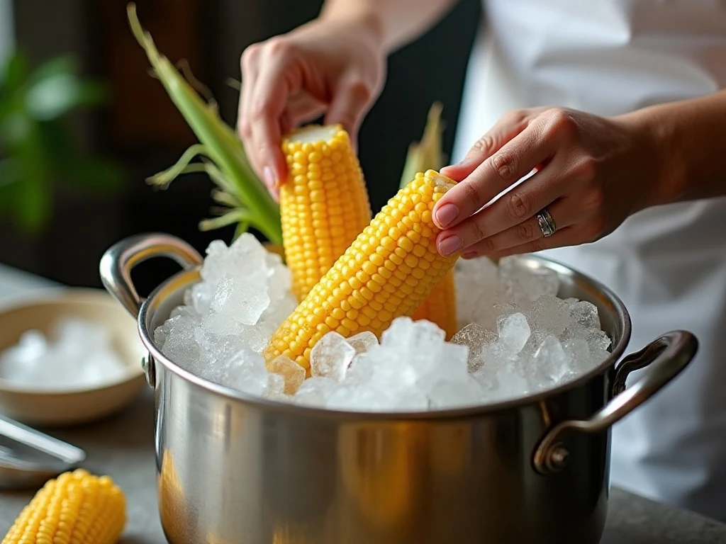 Blanched corn cooling in an ice-water bath