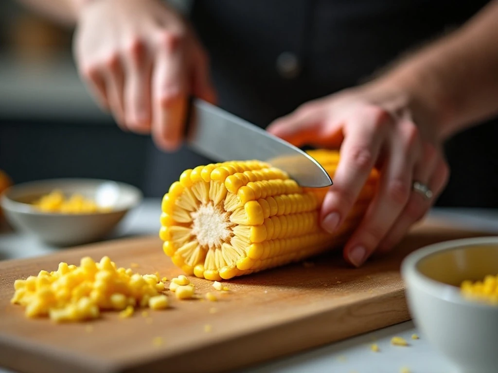 Cutting kernels from a blanched corn cob