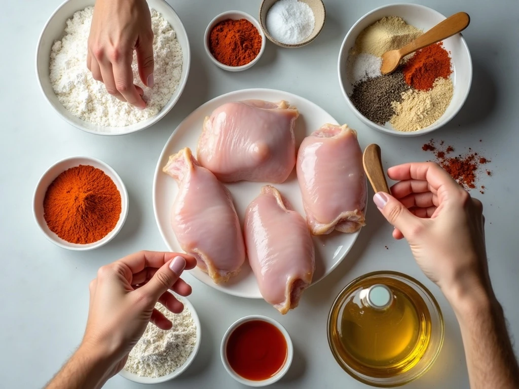 Ingredients for buttermilk fried chicken and crispy coating