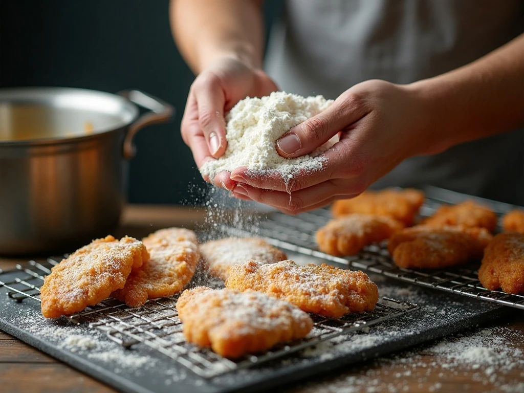 Chicken being coated in seasoned flour before frying