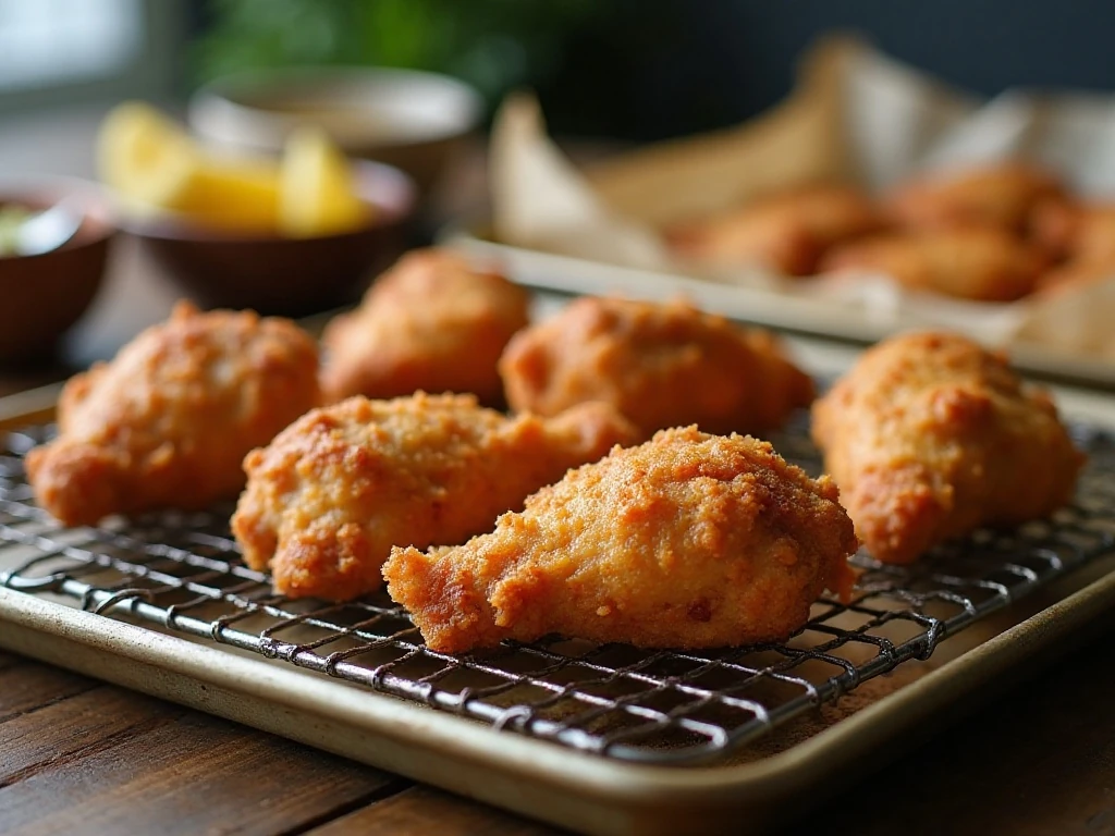 Fried chicken cooling on a wire rack to preserve crispiness