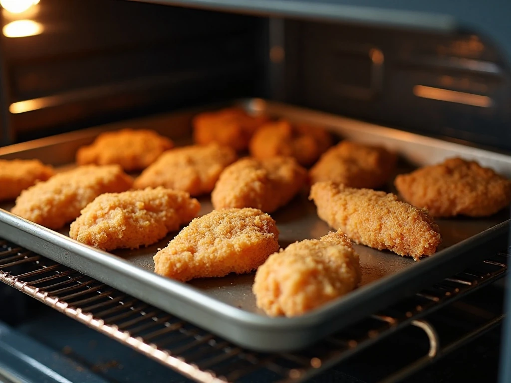 Frozen fried chicken reheating uncovered on an oven rack