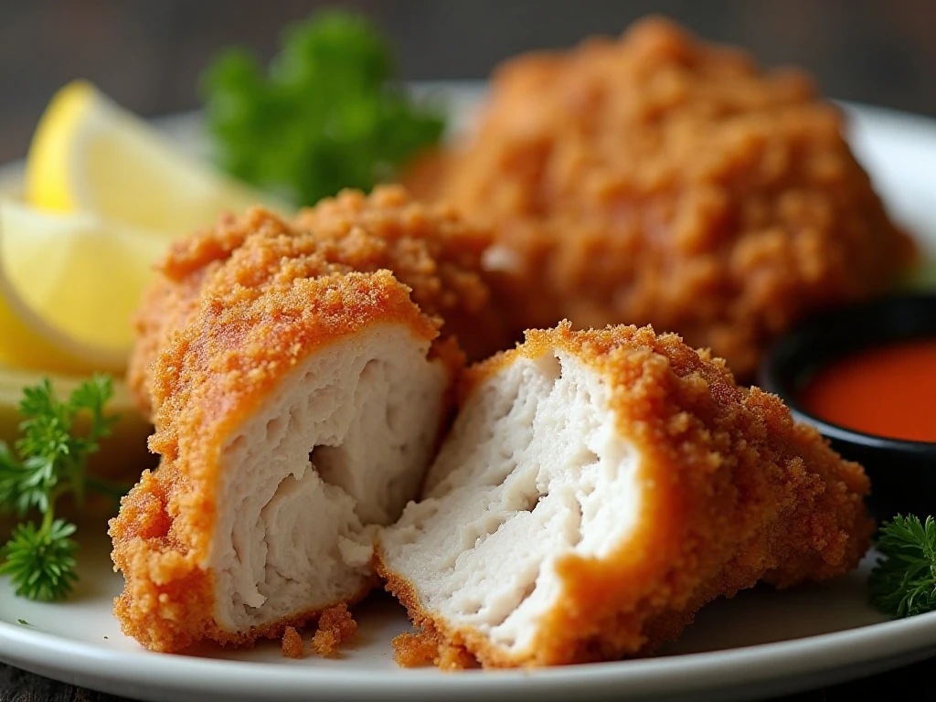Close-up of juicy fried chicken with a crunchy golden crust