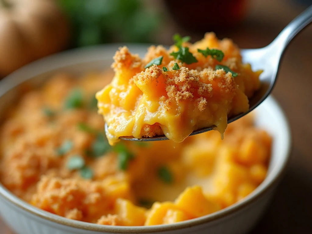Close-up serving of creamy squash casserole with crisp crumbs