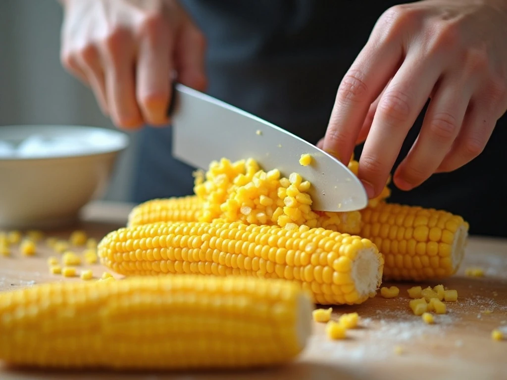 Cutting blanched corn kernels from the cob