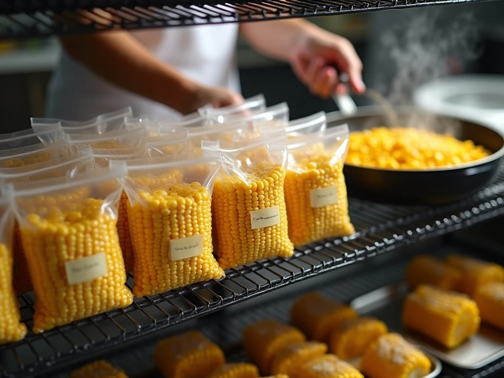 Labeled freezer bags of corn and reheated sweet corn