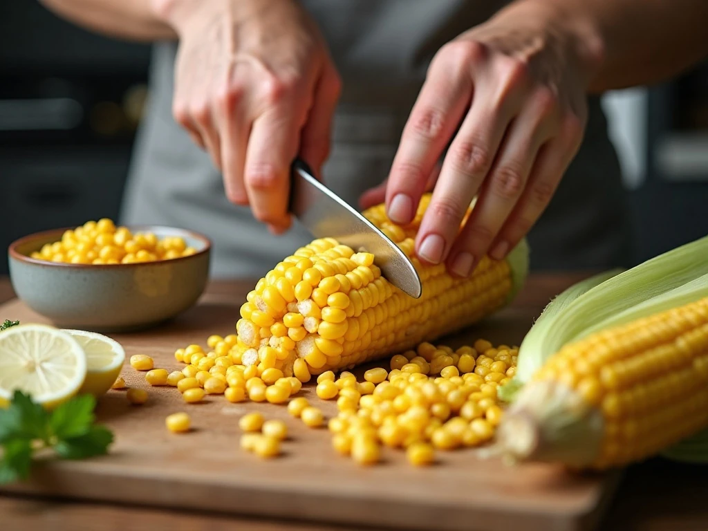 Cutting kernels from a blanched corn cob