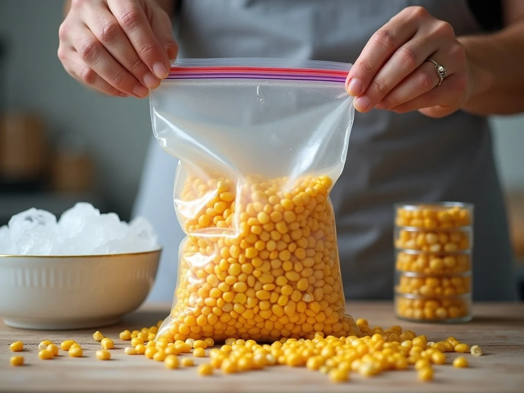 Removing air from a freezer bag of corn