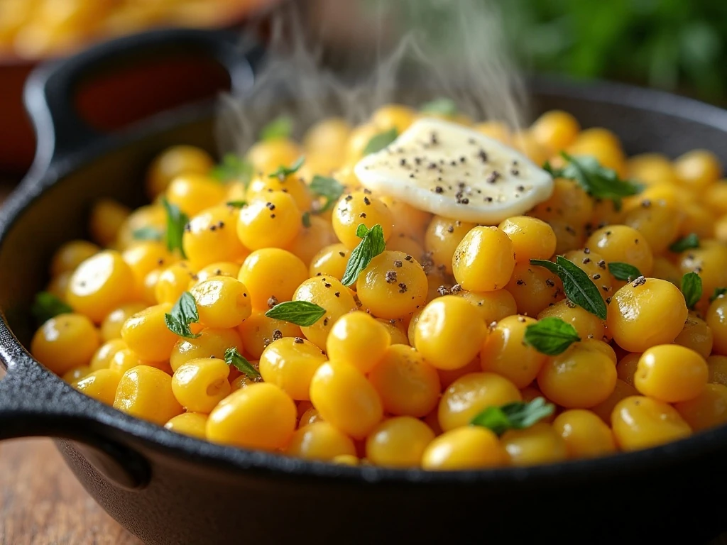Reheated frozen sweet corn with butter and herbs