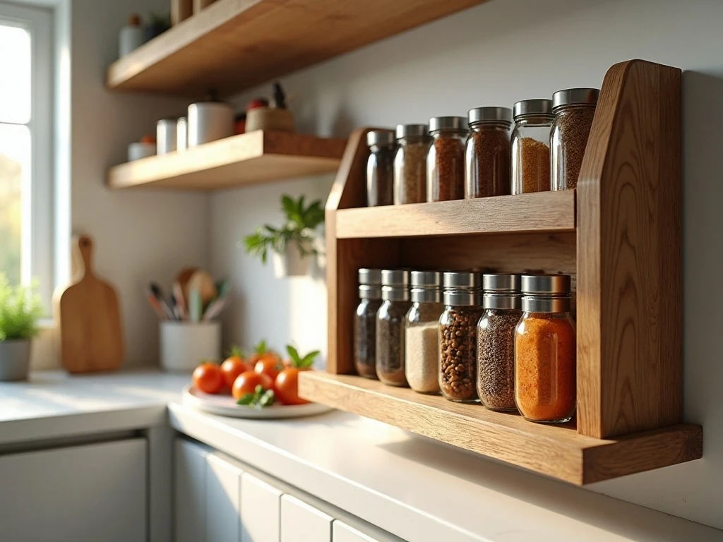Beautiful handmade spice rack built from scrap wood and filled with labeled spice jars