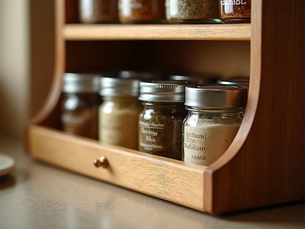 Close-up of finished wood grain, trim, labels, and spice jars on a DIY rack