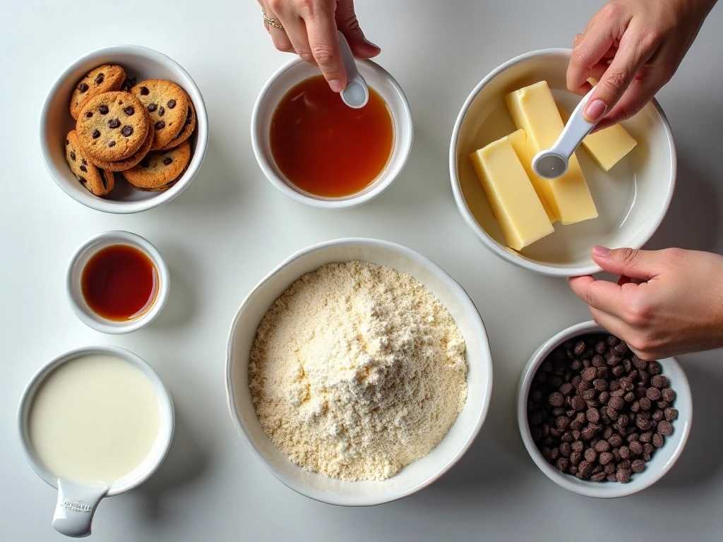 Ingredients for chocolate chip cookie icebox pie arranged on a counter