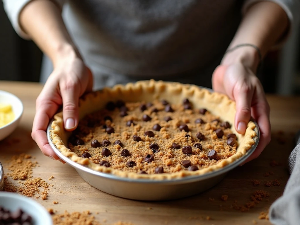 Pressing chocolate chip cookie crumbs into a pie crust