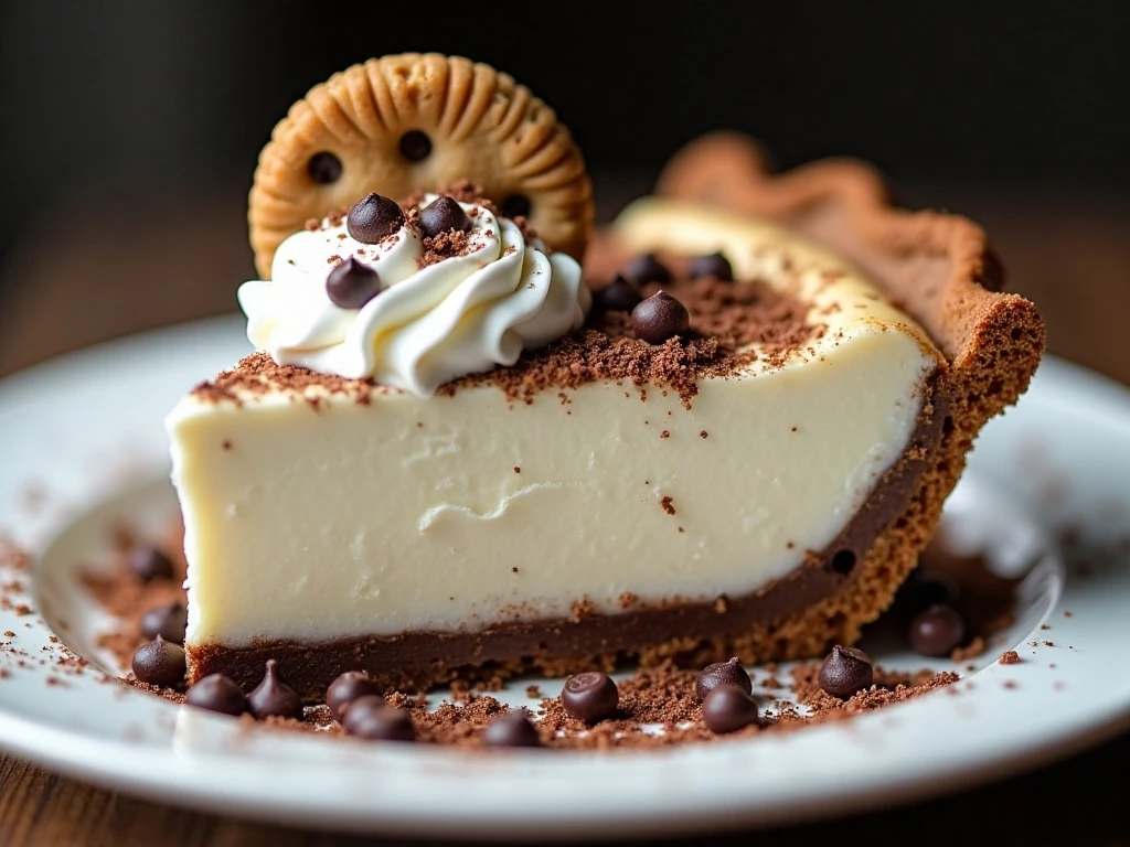 Garnished slice of chilled chocolate chip cookie icebox pie