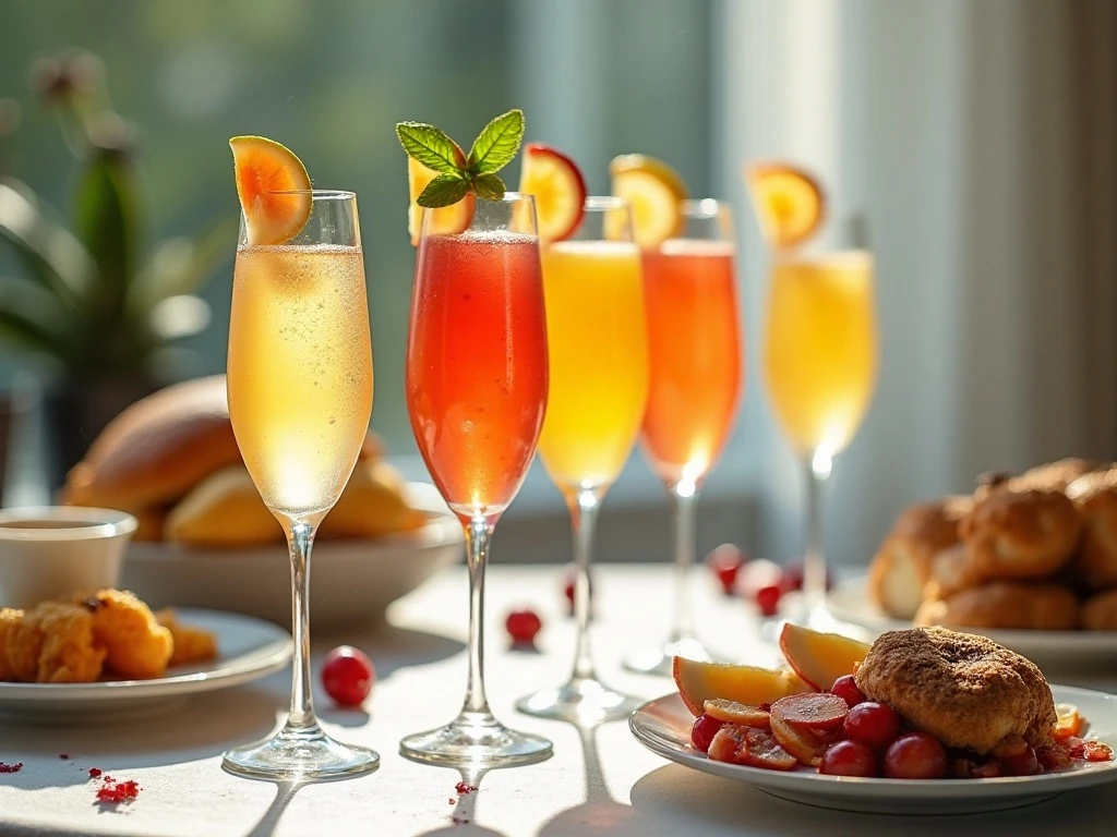 Colorful mimosas arranged for a festive brunch bar
