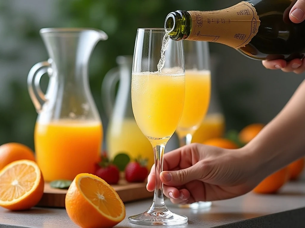 Pouring juice and sparkling wine to make a mimosa