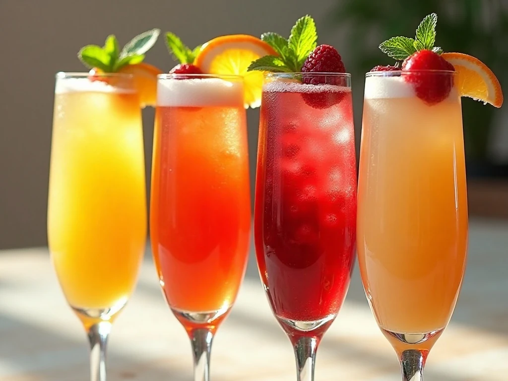 Four colorful mimosa juice combinations with garnishes