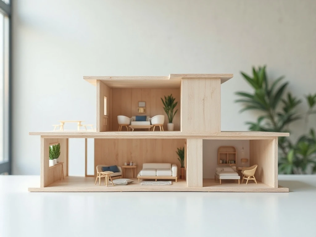 Finished modern dollhouse with clean architectural lines and minimalist furnishings