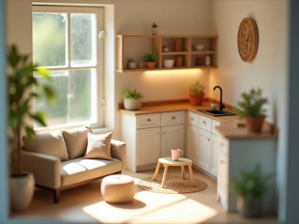 Modern dollhouse living room and kitchen with minimalist miniature decor