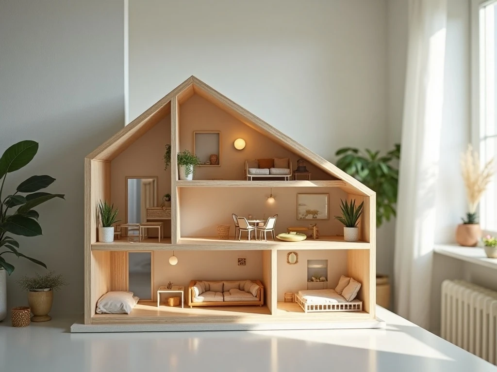 Modern dollhouse displayed neatly after finishing and styling